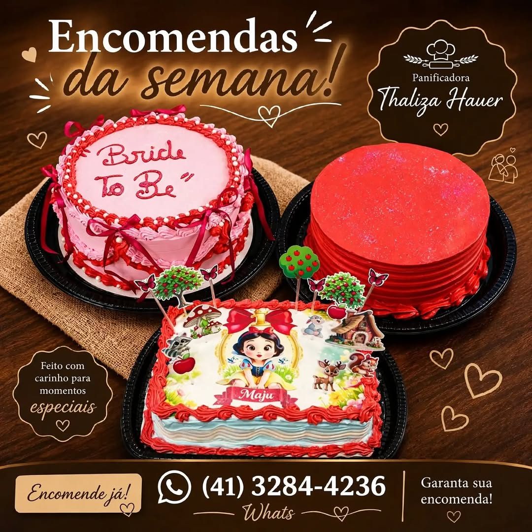 Três bolos decorados da Thaliza: bolo rosa, bolo vermelho e bolo temático da Branca de Neve