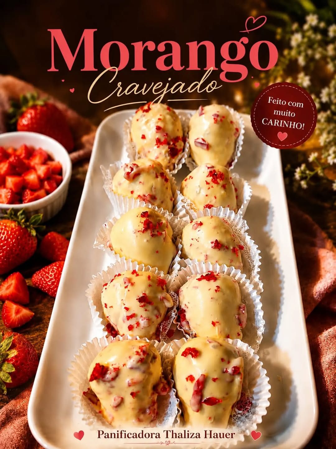 Doces Morango Cravejado apresentados em uma travessa na arte da Thaliza
