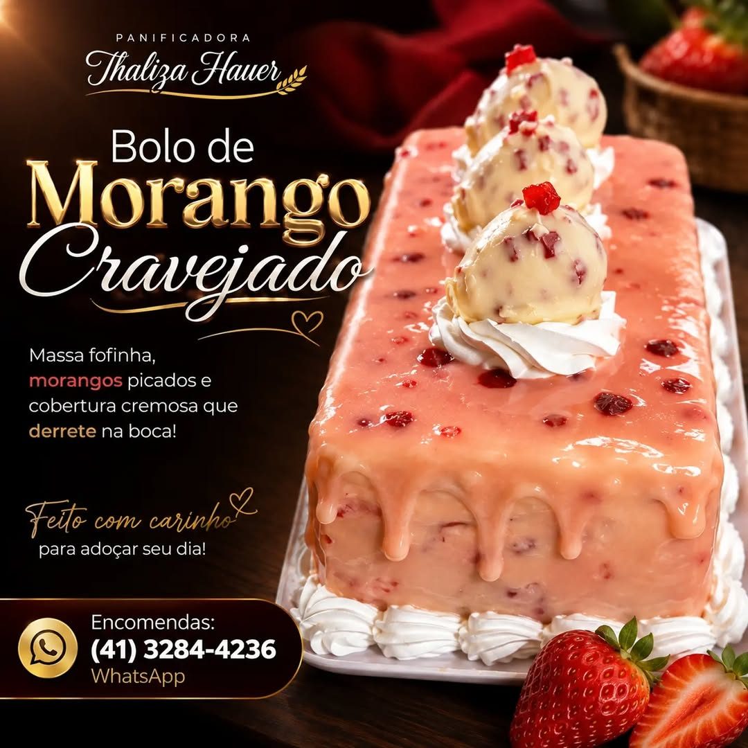 Arte do bolo de Morango Cravejado, com cobertura rosa e doces sobre o bolo